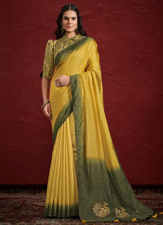 Dola Silk Mustard Green Wedding Wear Hand Work Saree ( Stitched Blouse )